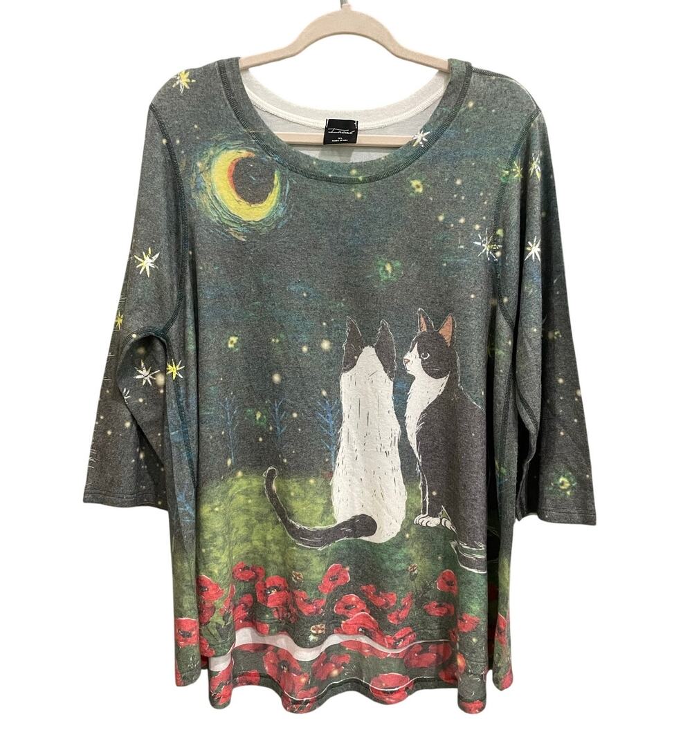 Inoah Whimsical Cat Graphic Ethereal Lounge Cozy Sweater (XL)